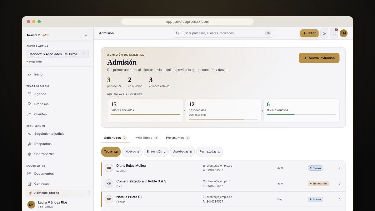 Admisión de clientes en Jurídica Pro Max: solicitudes recibidas por formulario