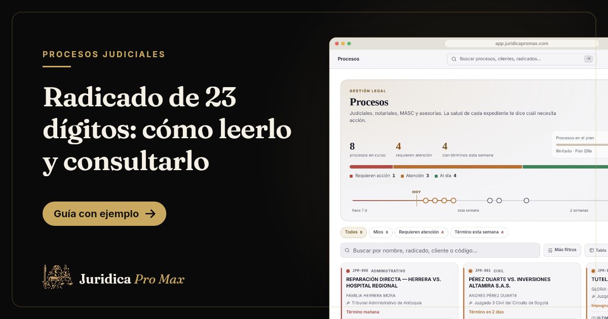 Procesos judiciales en tarjetas en Jurídica Pro Max, cada uno con su radicado y su despacho