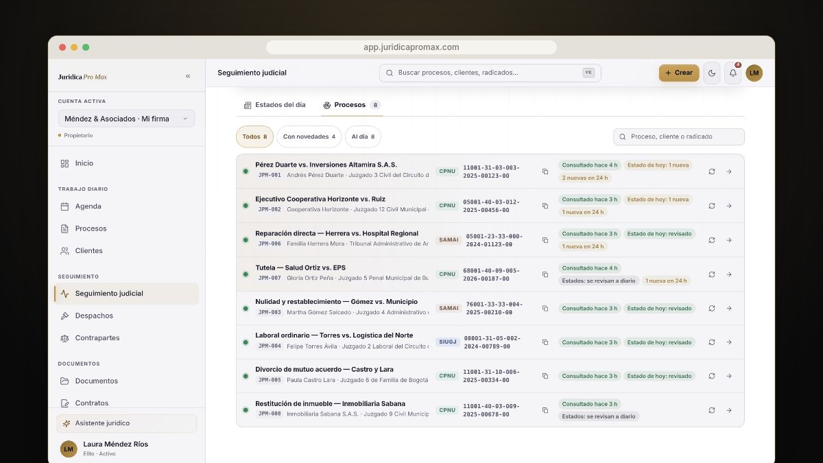 Procesos vigilados en Jurídica Pro Max con su portal de origen: CPNU, SAMAI y SIUGJ