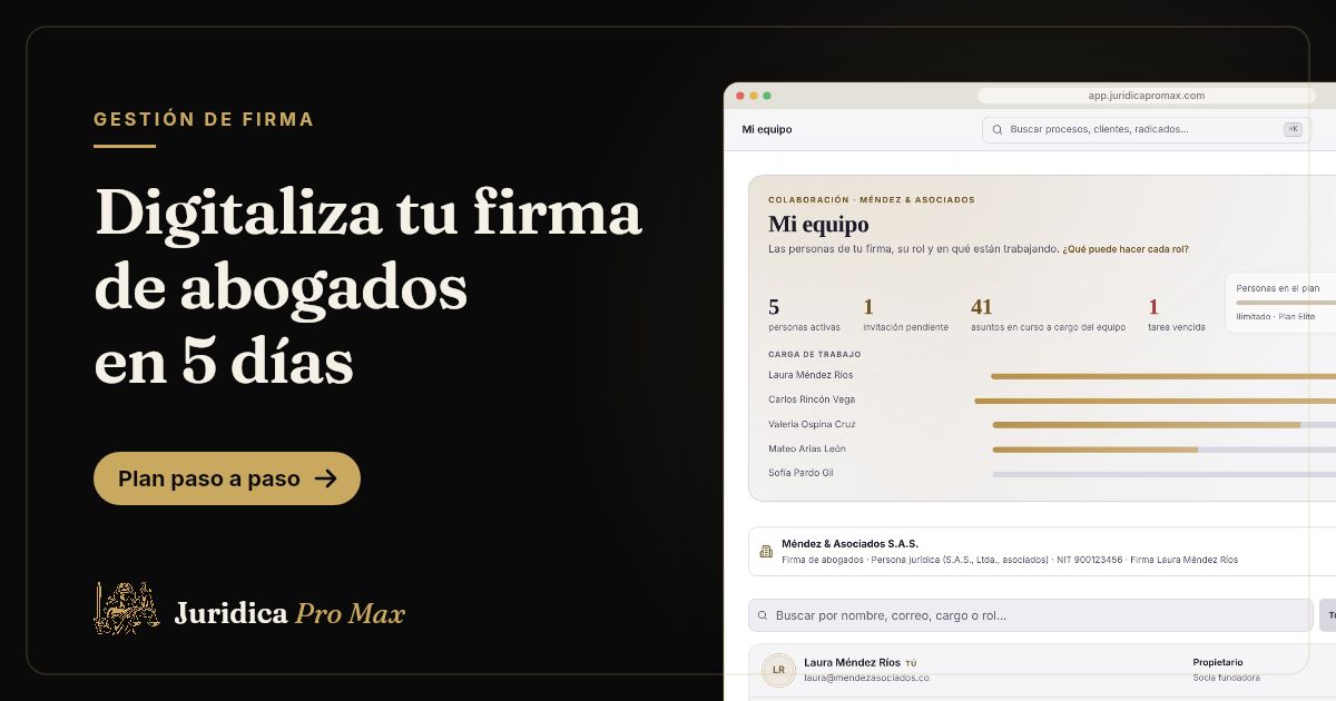 Equipo de la firma en Jurídica Pro Max con roles y carga de trabajo de cada persona