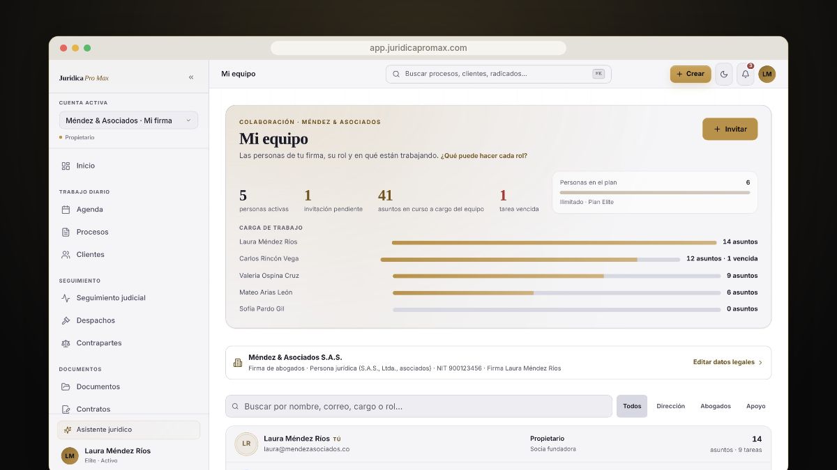 Equipo de la firma en Jurídica Pro Max con roles y carga de trabajo de cada persona