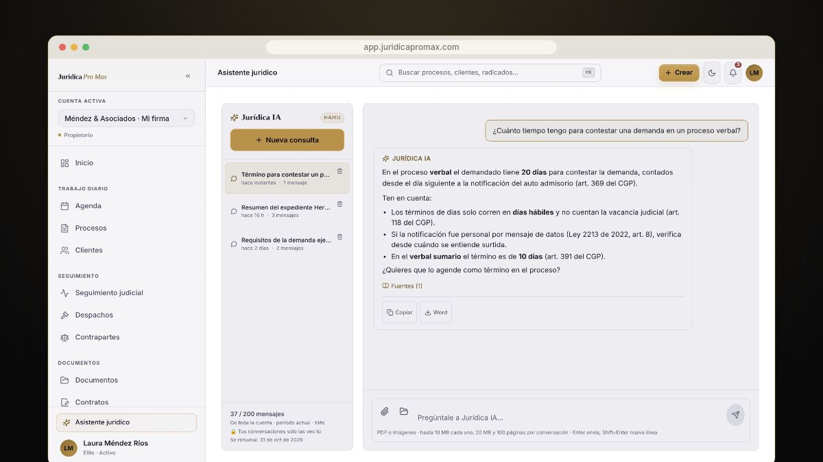 Jurídica IA respondiendo cuánto tiempo hay para contestar una demanda en un proceso verbal