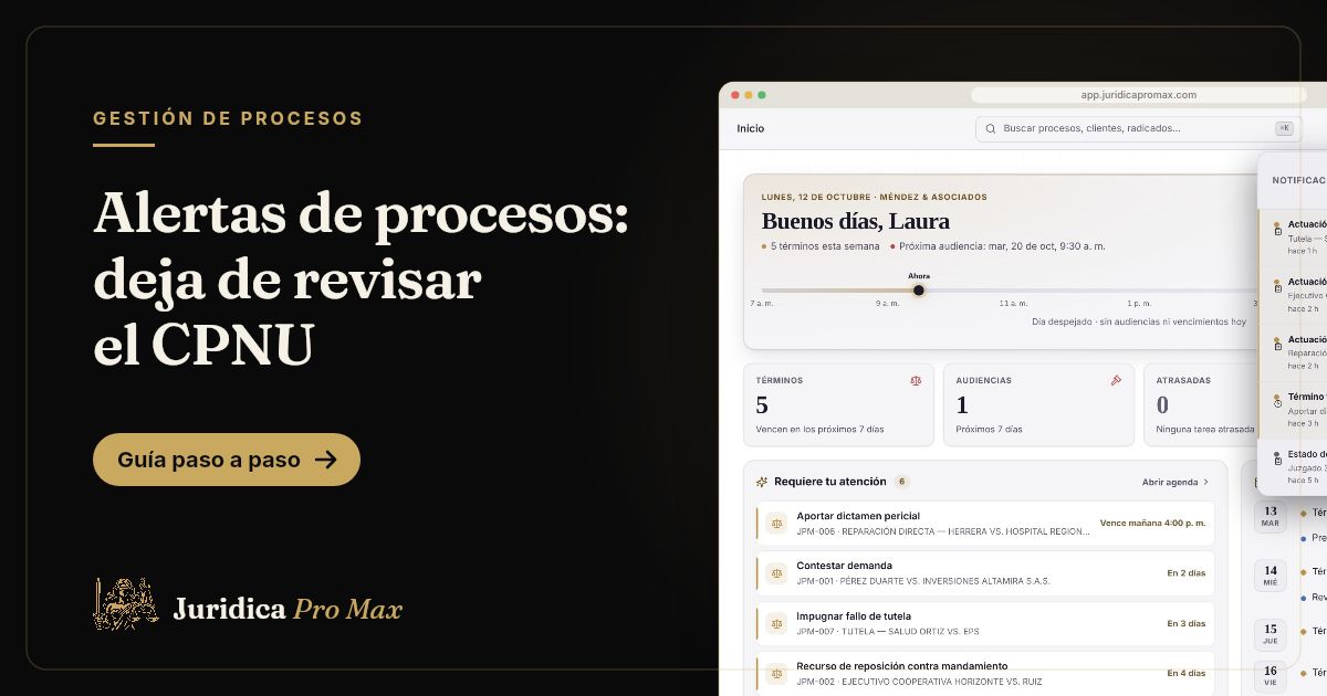 Panel de notificaciones de Jurídica Pro Max con avisos de actuaciones nuevas en procesos judiciales