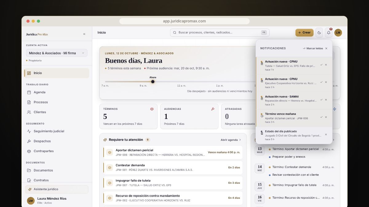 Panel de notificaciones de Jurídica Pro Max con avisos de actuaciones nuevas en procesos judiciales