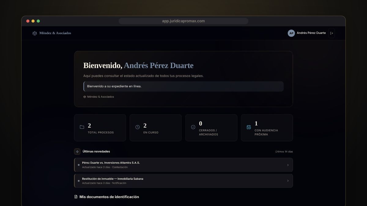 Portal del cliente de Jurídica Pro Max con los procesos de una persona y su estado