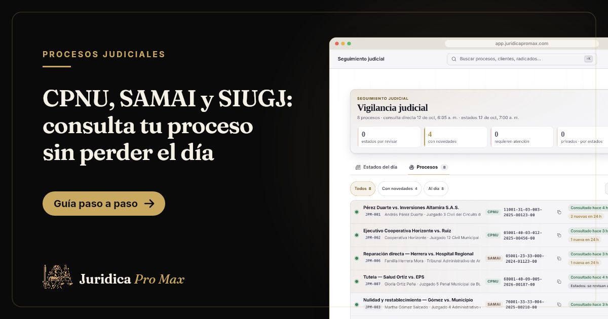 Seguimiento judicial en Jurídica Pro Max: procesos consultados en la CPNU y en SAMAI con sus novedades del día