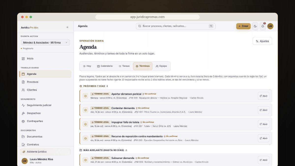 Agenda de términos legales de los próximos 7 días en Jurídica Pro Max
