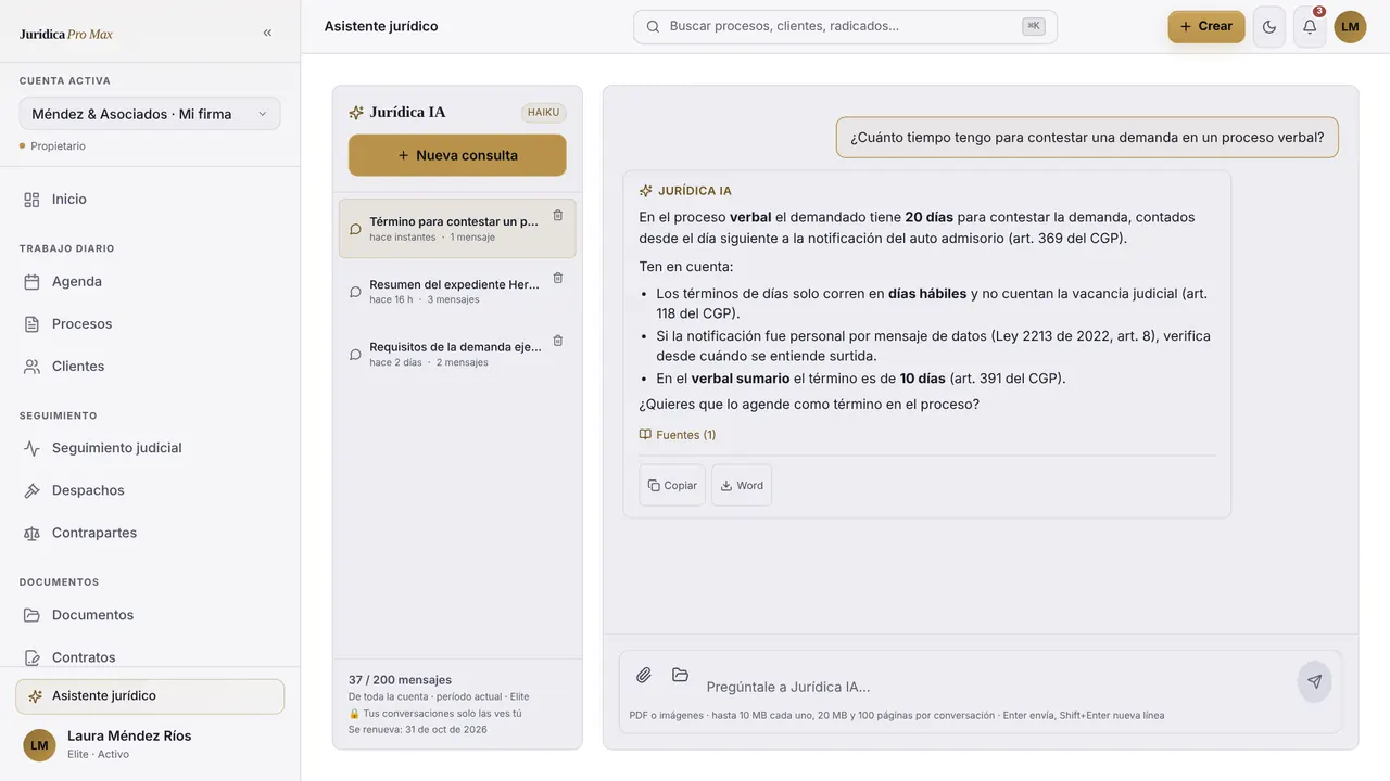 Jurídica IA respondiendo sobre un proceso (datos de ejemplo)