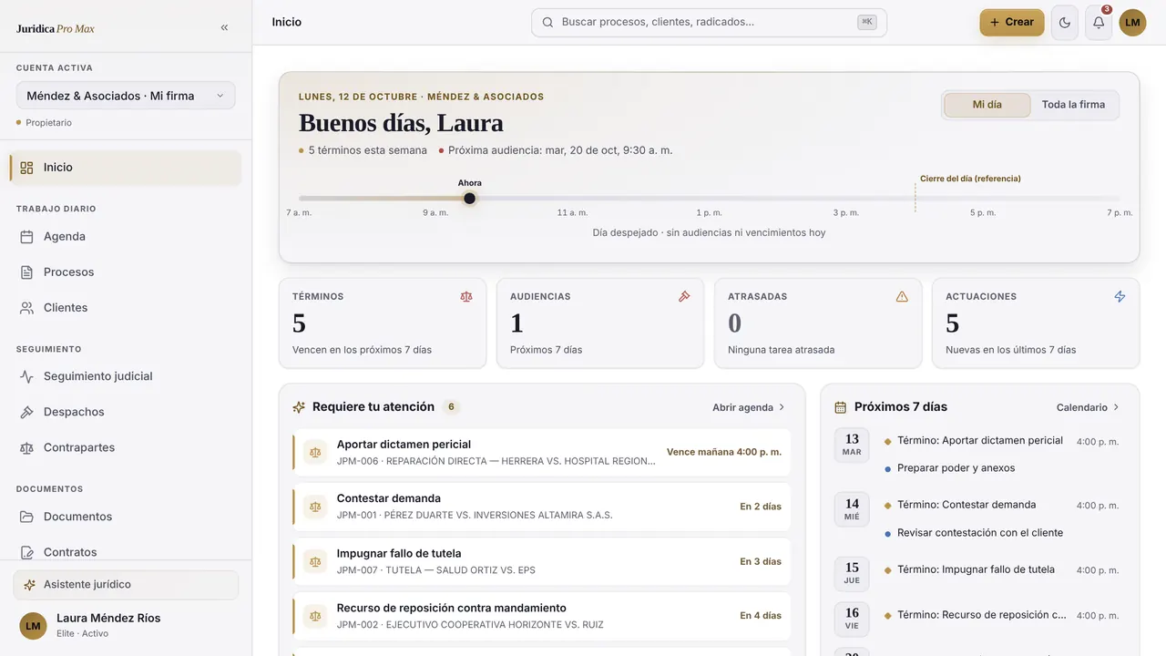 Inicio de Jurídica Pro Max: términos de la semana, audiencias y actuaciones nuevas (datos de ejemplo)