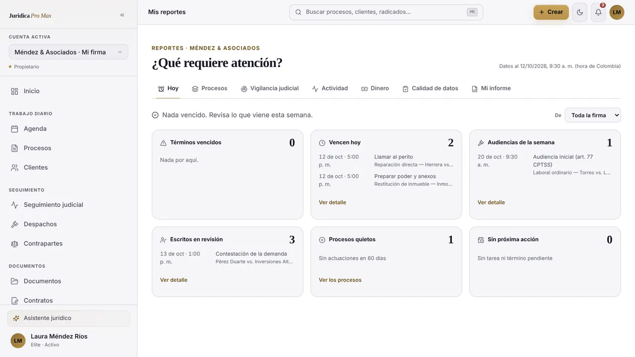 Reportes de una firma en Jurídica Pro Max: qué requiere atención hoy (datos de ejemplo)
